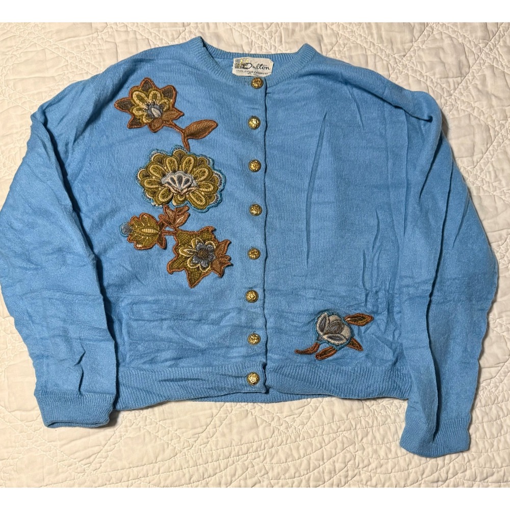 Dalton Blue 100% Virgin Cashmere Floral Applique Cardigan Gold Buttons VTG